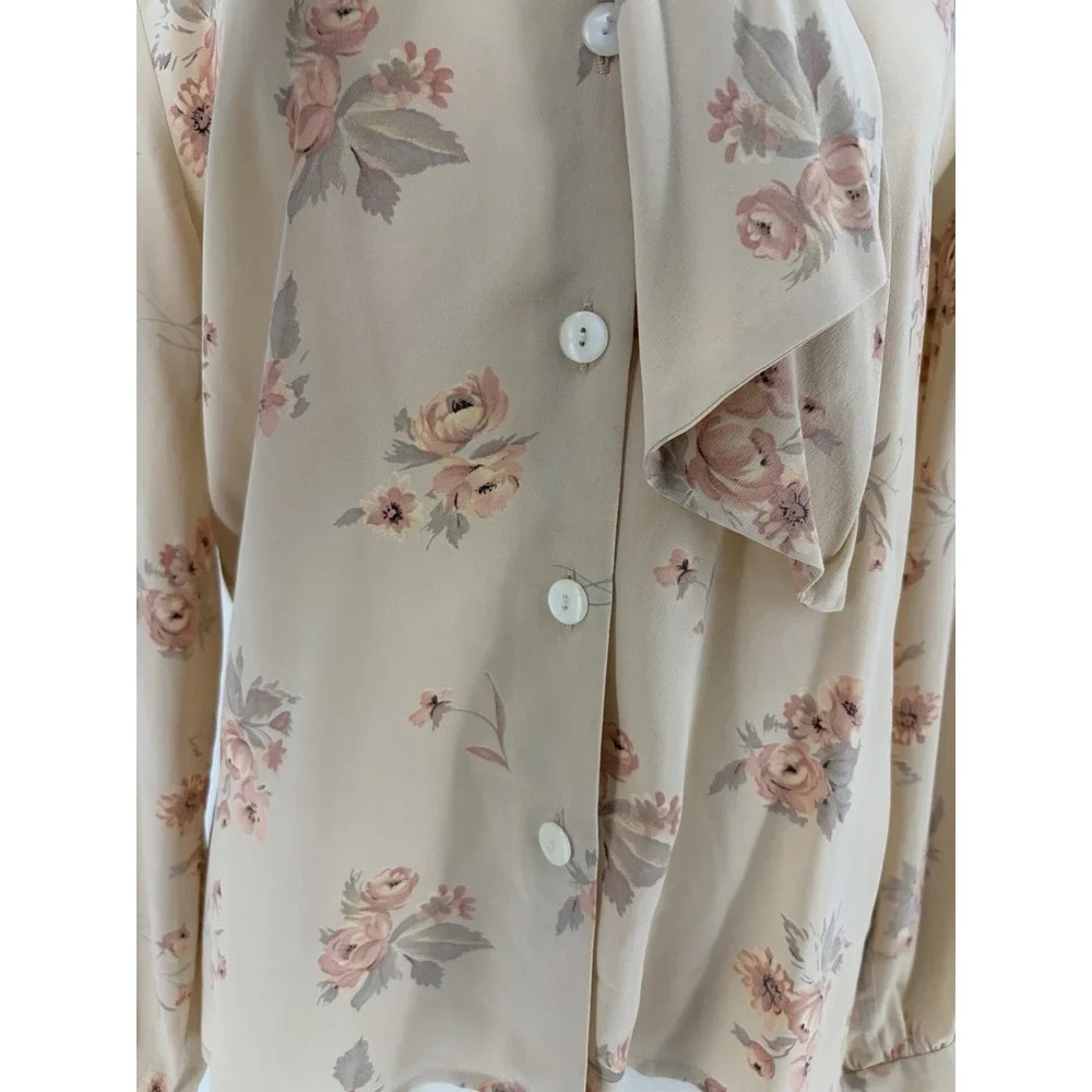 VIntage Silk Chiffon Floral Tie Neck Button Blouse Size 4 Beige Cottagecore